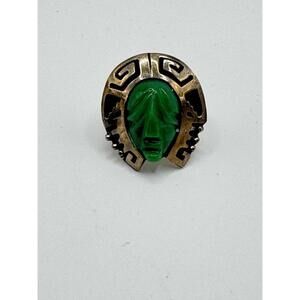 Vintage Mexican Sterling Silver Ring Carved Green Face JGG Eagle 82 Adjustable
